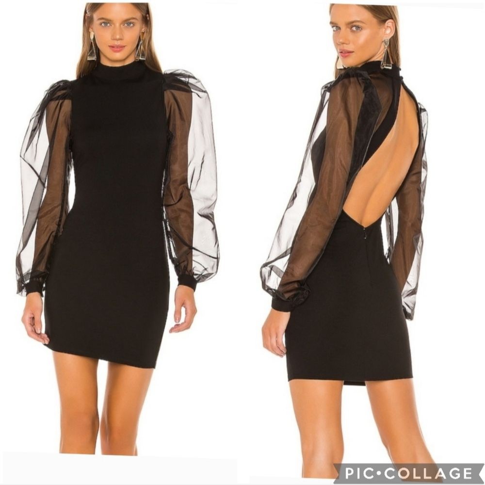 Nbd Bao Dress In Black Sheer Puff Sleeves Open Back